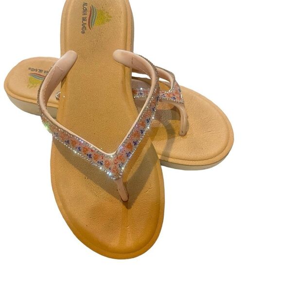 Aloha Island Women 10M Tan/Rhinestones / Flip Flops Medallion at Toe Post - Picture 5 of 9